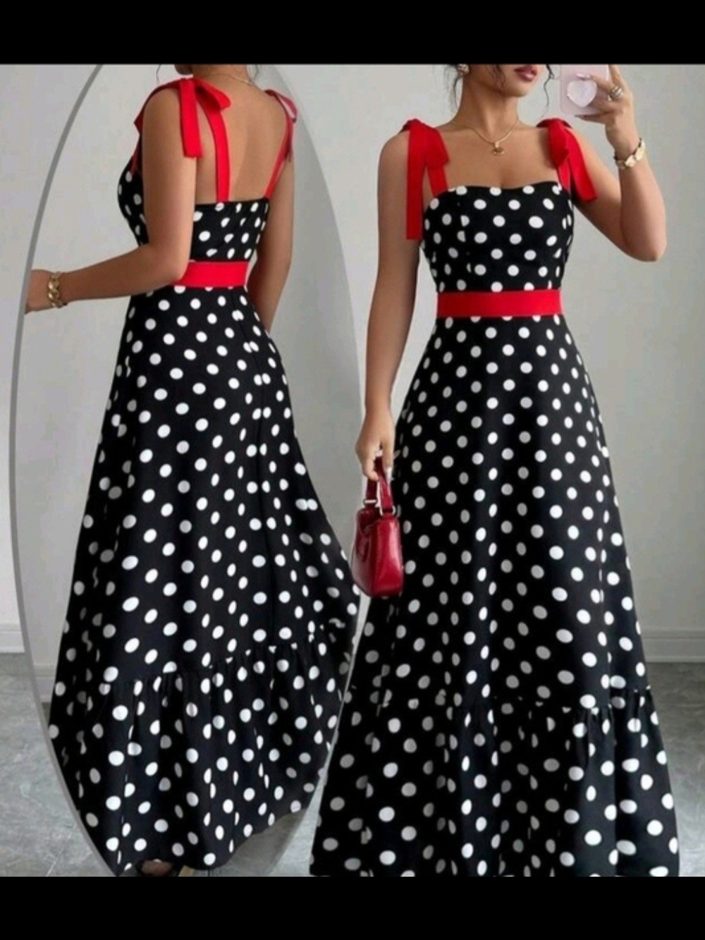 Polka Dot Tie-Strap Maxi Dress with Red Accents